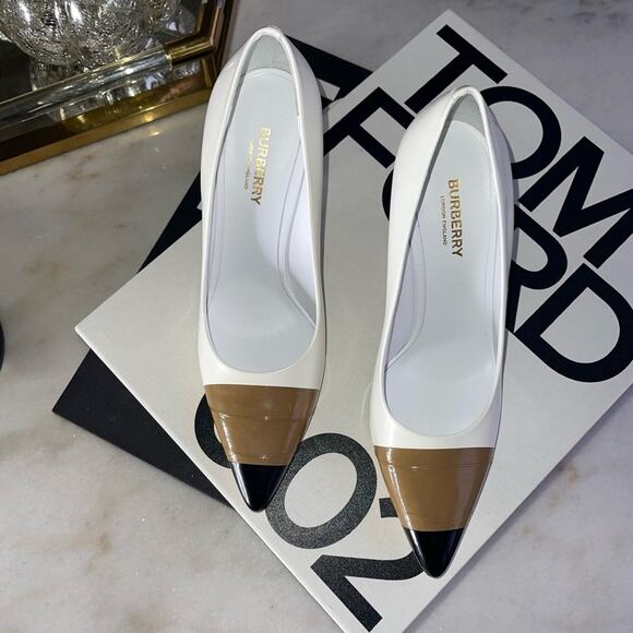 Burberry Annalise Mixed-Media Cap-Toe Pumps in Optic White in Multi - Picture 6 of 17